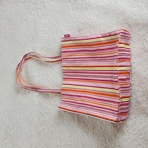 SELF tote bag, colorful vibrant stripes, orangenpink yellow red white.